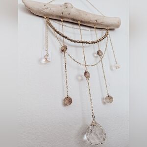 Handcrafted Driftwood + Crystal Suncatcher With Gold Tone Beads And Chain